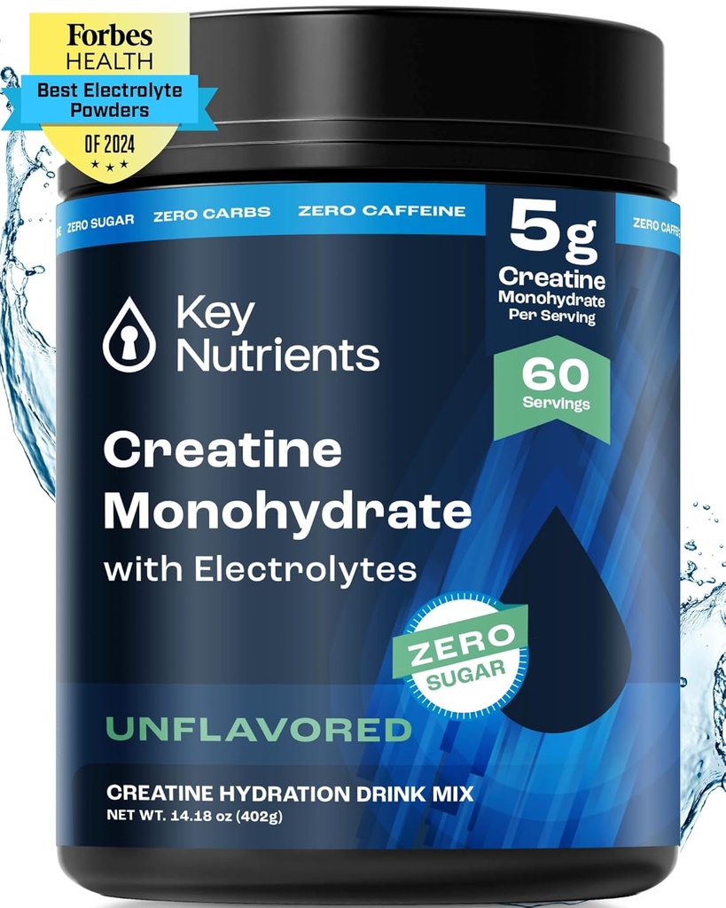NUTRIENTS CLÉS Poudre monohydratée de créatine + électrolytes, 5000 mg Poudre de créatine, Monohydratée de créatine micronisée, Créatine créapure - 60 portions, Fabriqué aux États-Unis