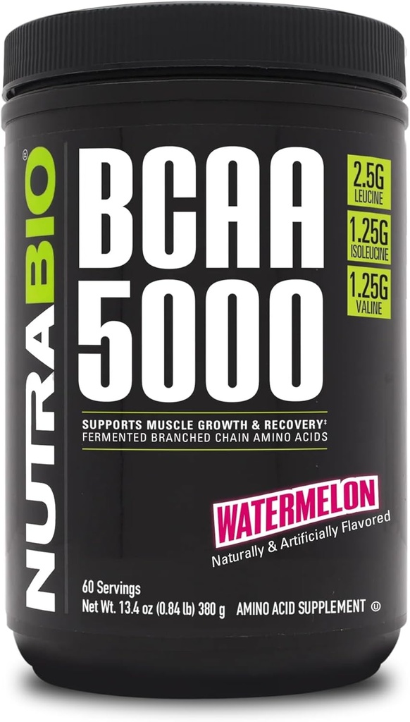 NutraBio BCAA 5000 Powder - Vegan Fermented BCAAs - Unterstützt Lean Muskelwachstum, Erholung, Ausdauer - 60 Servierungen - Wassermelone