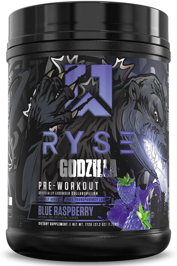 RYSE Godzilla X Noel Deyzel Pre Workout Powder - Blue Raspberry - 400mg Caffeine, High Stim Pre-Workout for Men & Women with Citrulline & Beta Alanine - Energy, Pump & Focus - 20/40 Servings