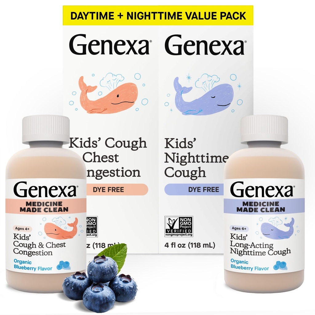 Genexa Kids' Clean Day & Night Cough Medicine, Dye Free, 0% Künstliche Zusatzstoffe, Kinderteig, Chest Congestion, Runny Nose & Sneezing Relief, Alter 6+, Bio Blueberry Flavor, 8 fl oz (2 Pack)