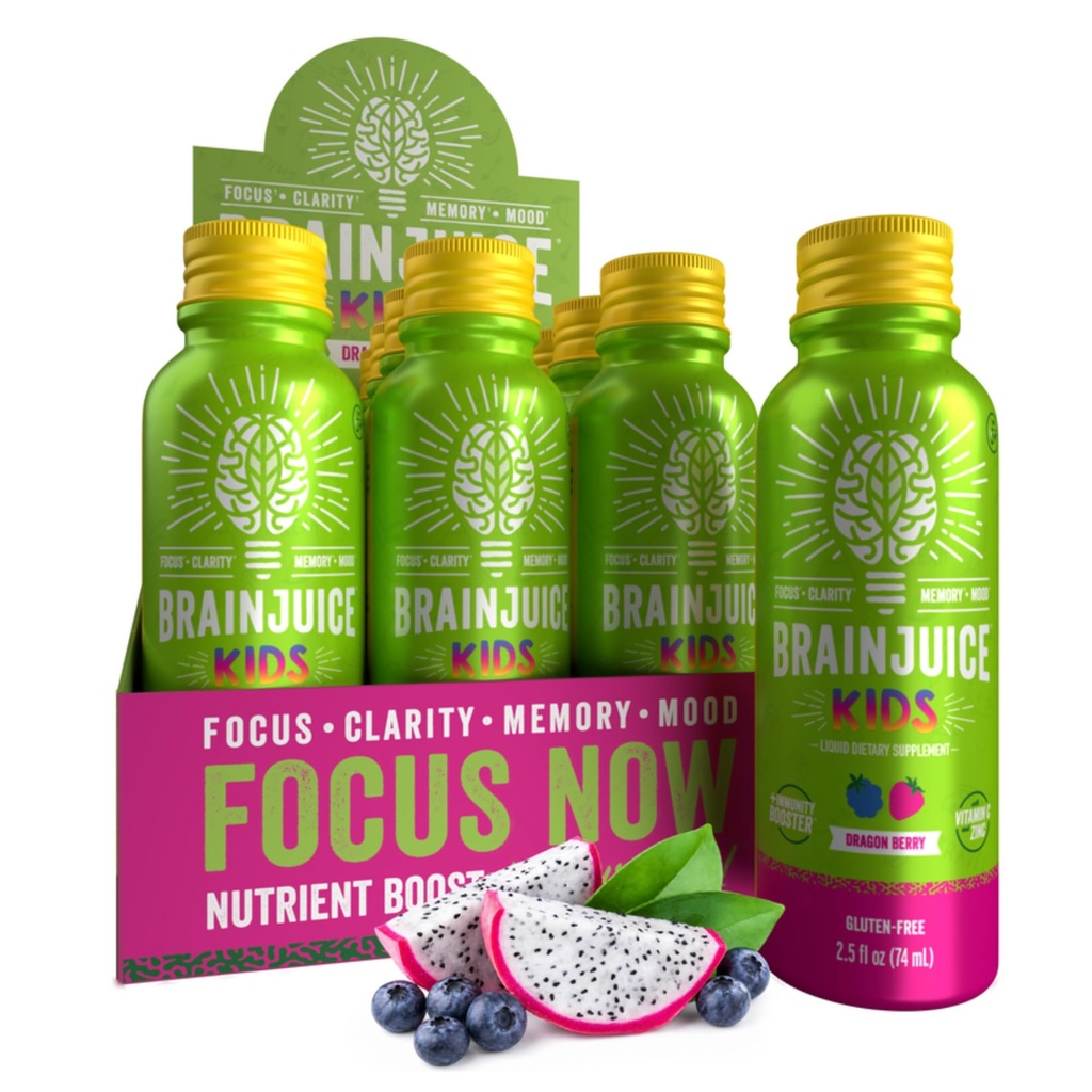 BrainJuice Kids Brain & Immun Support Shot, Glutenfreie Ergänzung Shots für Energie, Fokus, Immunität mit Vitamin D, C, B, Alpha GPC & Organic Ginger Root, Alter 5+, Dragon Berry, 2,5 fl oz, 12 Pack