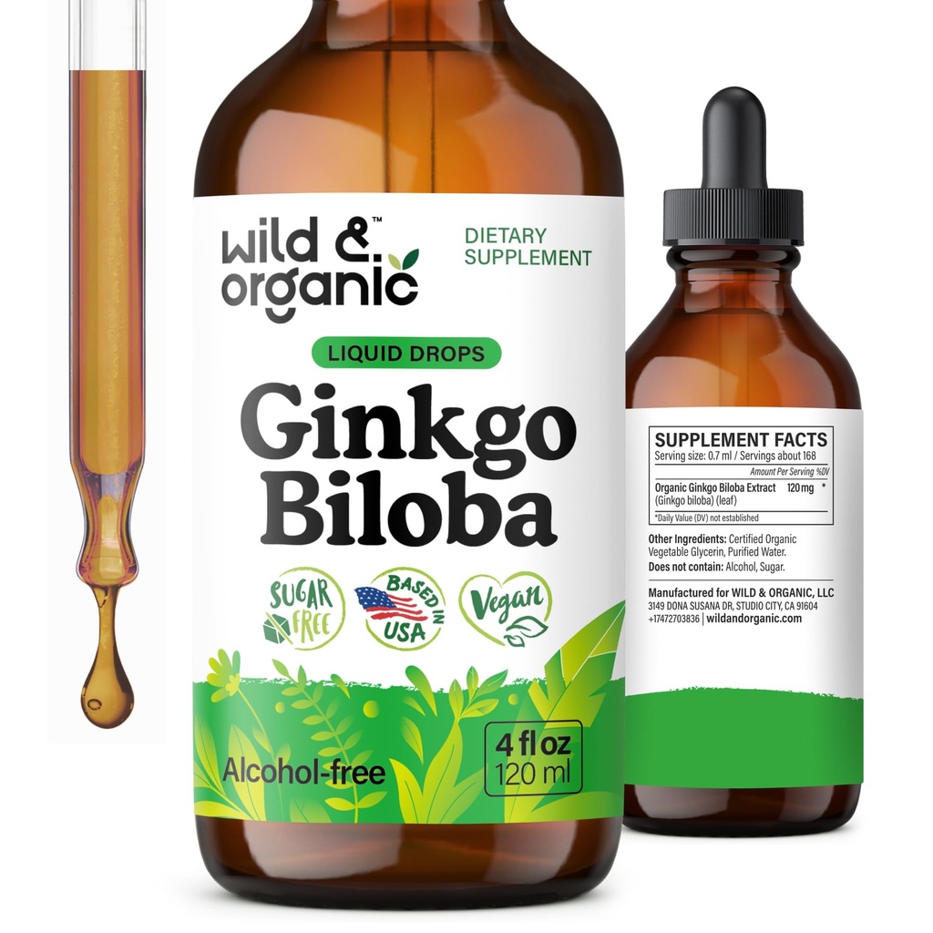 Wild & Organic Ginkgo Biloba Extract Drops - Brain & Focus Support - Flüssige Ginkgo Biloba Ergänzungen - Vegan, Zucker & Alkoholfreie pflanzliche Tinktur - 4 fl oz