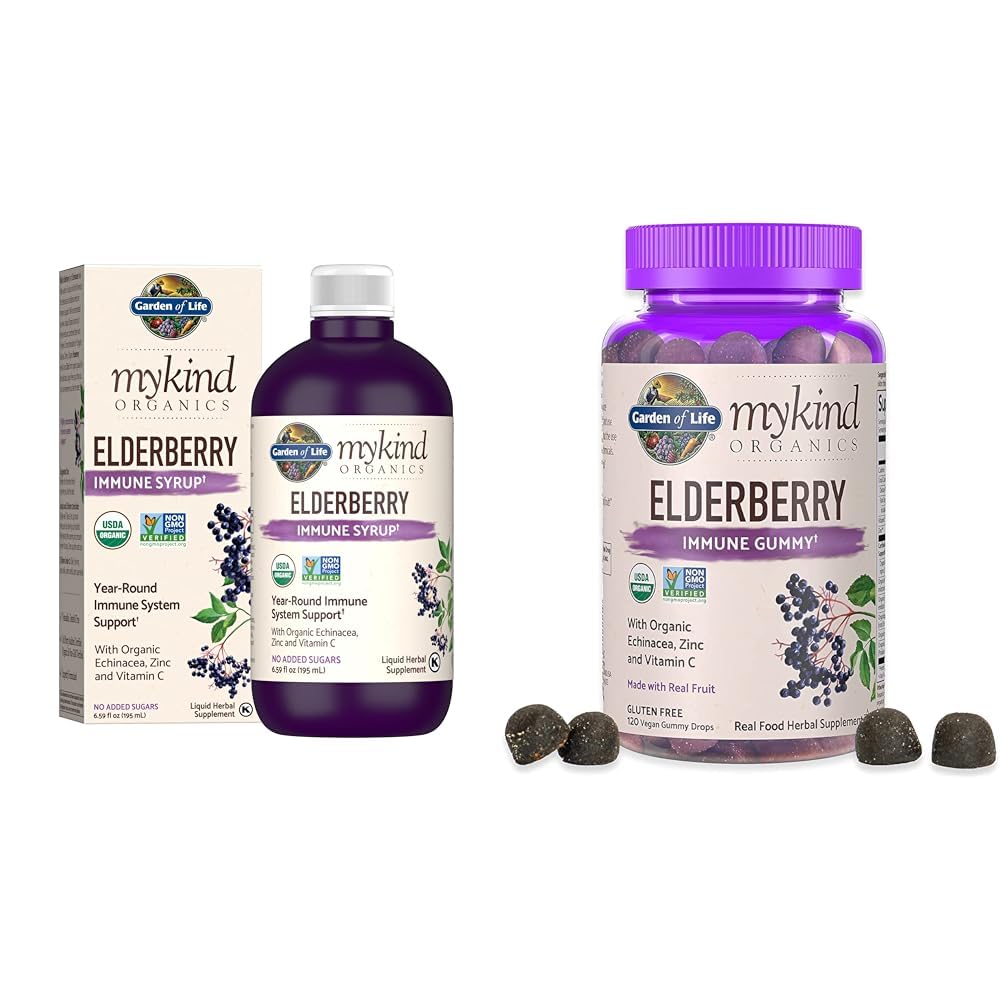 Jardin de la vie Bios Sirop Immune à base de plantes 6,59 fl oz & bios Gummies à la mûre pour adultes et enfants