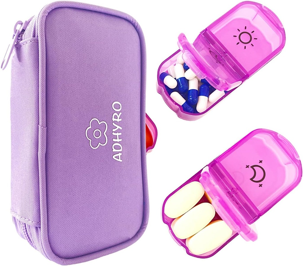 Pill Organizer 2 Mal pro Tag, Große AM/PM Wöchentliche Pille Box 7 Tage Pille Fall mit schreibbaren Etiketten und Datenschutz Licht-Purple Zipper Tasche zu halten Ergänzungen, Vitamine und Fischöle