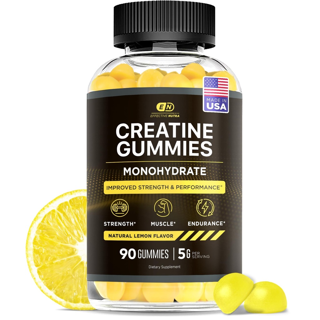 Gommies Monohydratées Nutra Creatine efficaces - 1g de créatine par Gummy - Supplément musculaire et de force végétalien pour les hommes et les femmes - soutient la croissance musculaire, l'énergie, l'endurance - Lemon Flavor, fabriqué aux États-Unis (90ct)