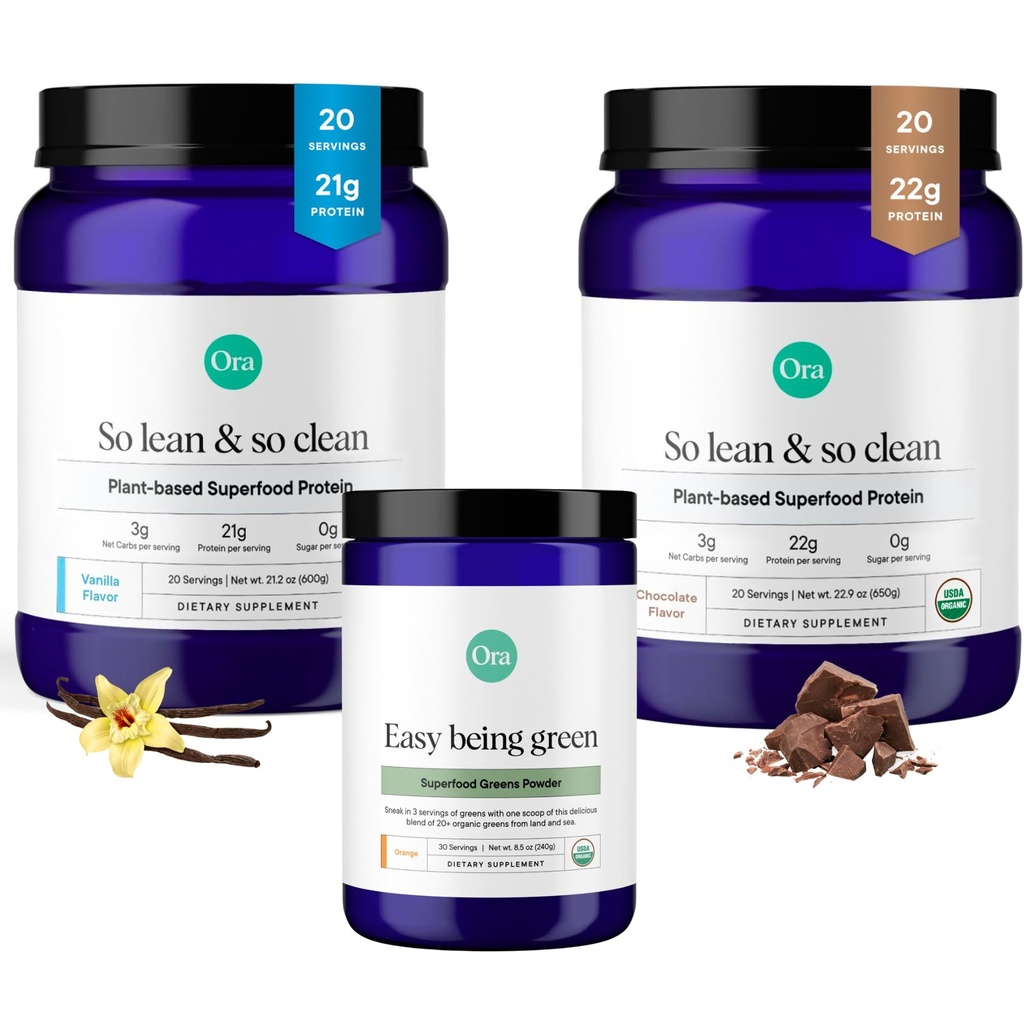 Ora Organic Vegan Protein Powder Chocolate, Vanila & Greens Powder Bundle: 22g Pflanzenbasis, Schokolade, 20 Portionen + 21g Pflanzenbasis, Vanille, 20 Portionen + Bio Super Greens Getränk, 30 Portionen
