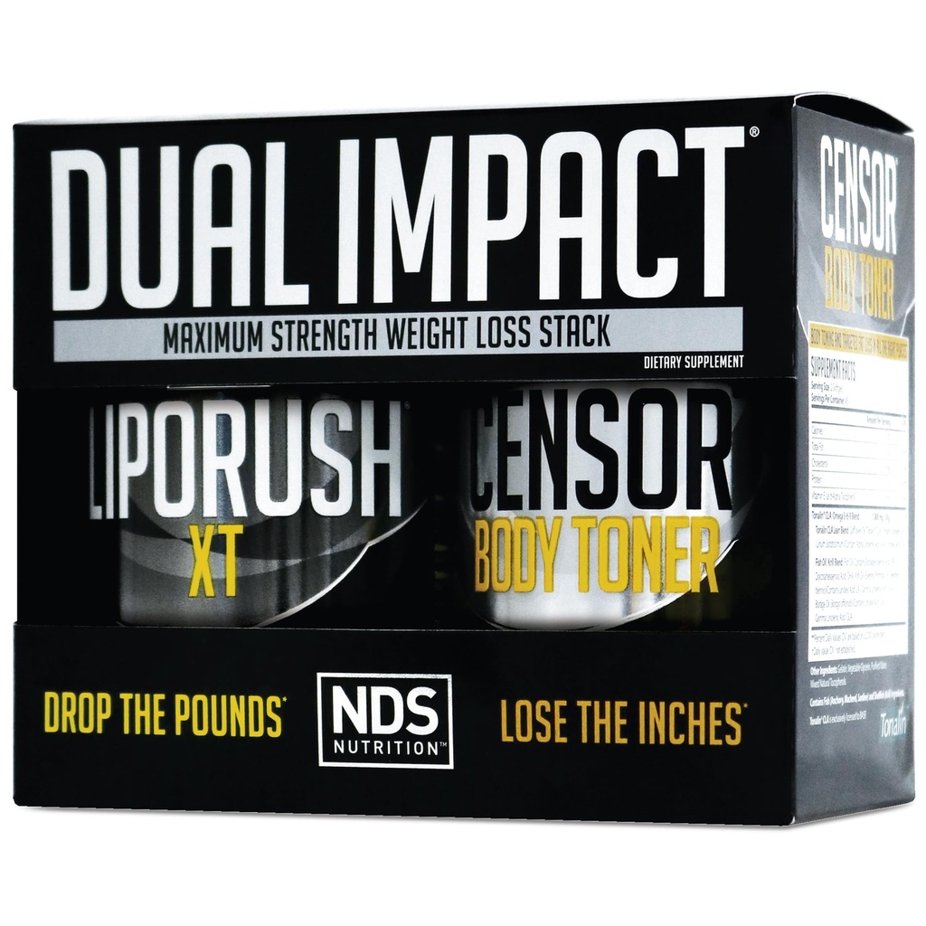 NDS Nutrition Maximum Strength Dual Impact Stack - Powerful 2-en-1 Weight Loss Kit combine une haute énergie de combustion des graisses XT thermogénique avec un toner Censeur Premium CLA (60 capsules et 90 Softgels)