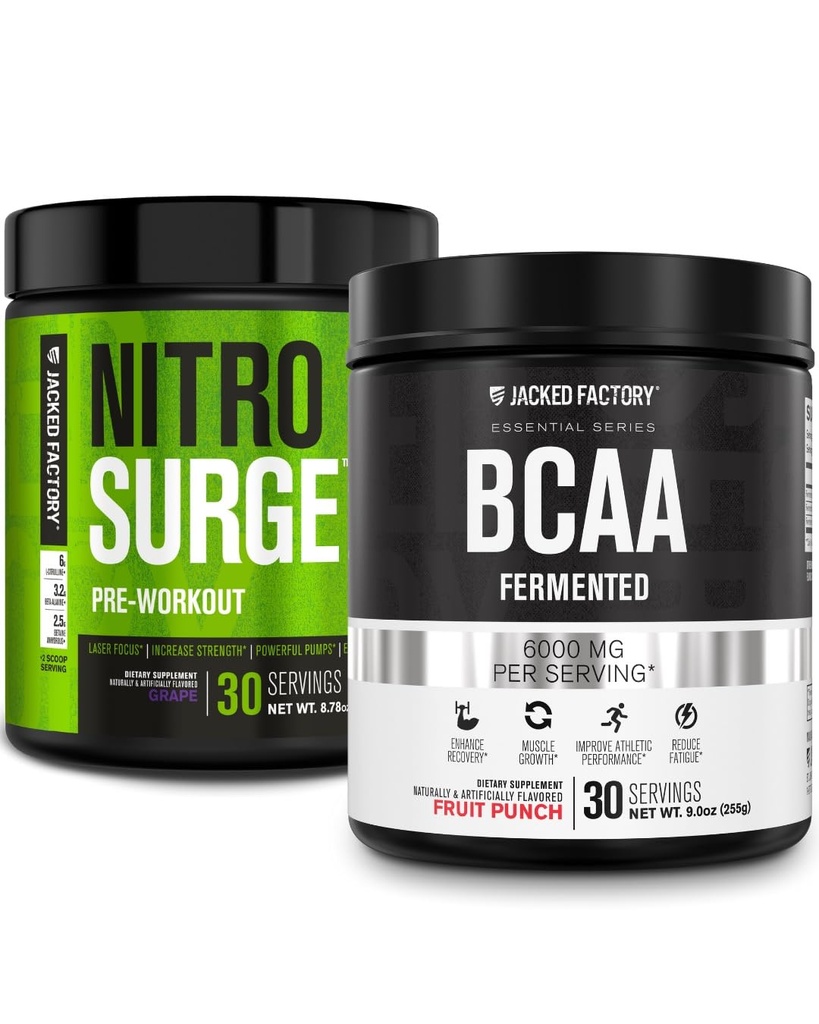Jacked Factory Nitrosurge PreWorkout in Grape & BCAA in Fruit Punch für Muskelaufbau und Erholung