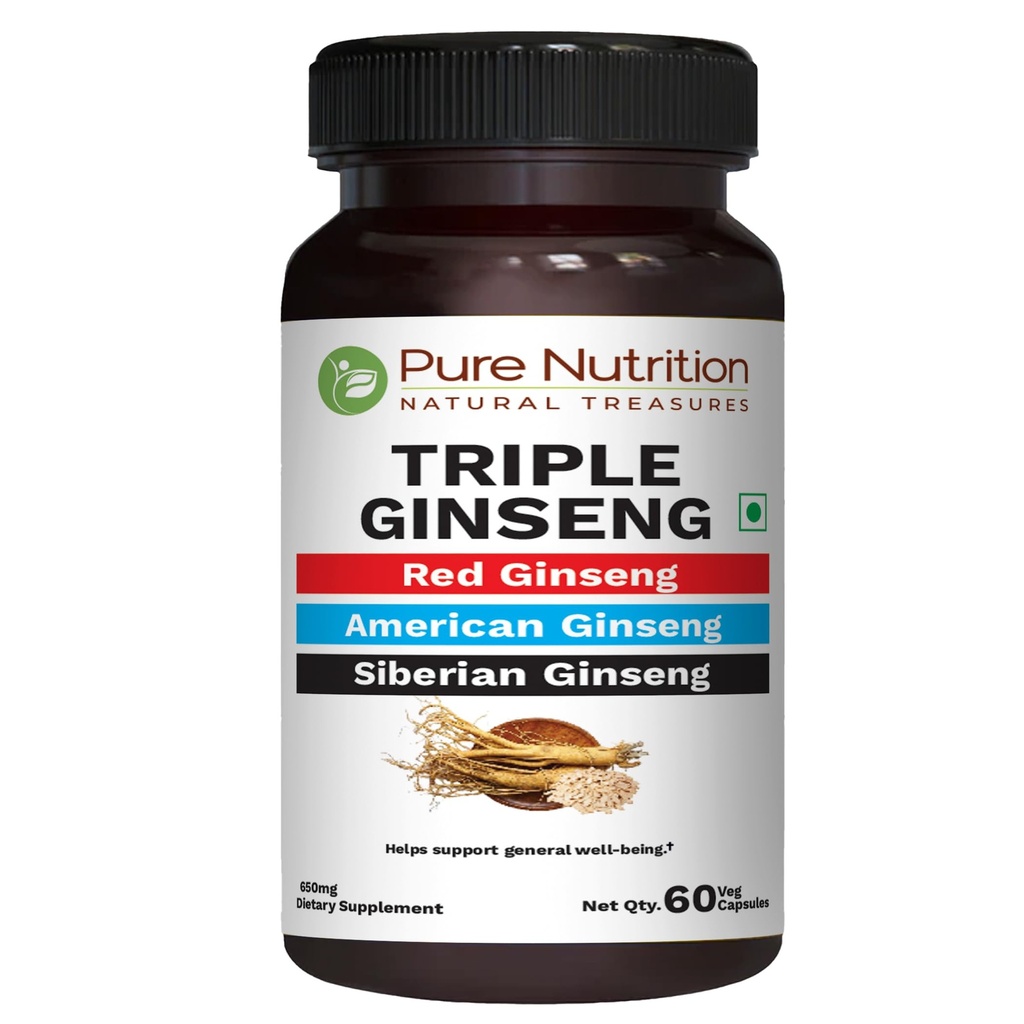 Pure Nutrition Triple Ginseng - eine einzigartige und effektive Kombination aus Red Ginseng, American Ginseng und Sibirische Ginseng. 790mg pro Kapsel | 60 Veg Caps Pack