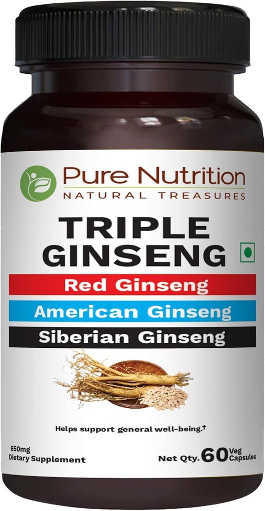 Pure Nutrition Triple Ginseng - une combinaison unique et efficace de Ginseng rouge, Ginseng américain et Ginseng sibérien. 790mg par gélule