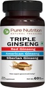 Pure Nutrition Triple Ginseng - eine einzigartige und effektive Kombination aus Red Ginseng, American Ginseng und Sibirische Ginseng. 790mg pro Kapsel | 60 Veg Caps Pack