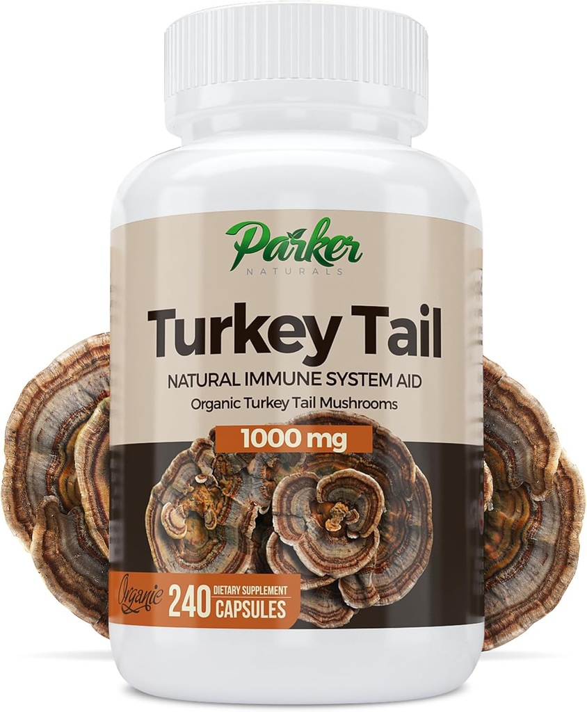 Parker Naturals Turkey Tail Mushroom Capsules - Supplément de champignons biologiques pour le système immunitaire de soutien de la santé - 1000 mg Suppléments de champignons Premium - 240 Capsules