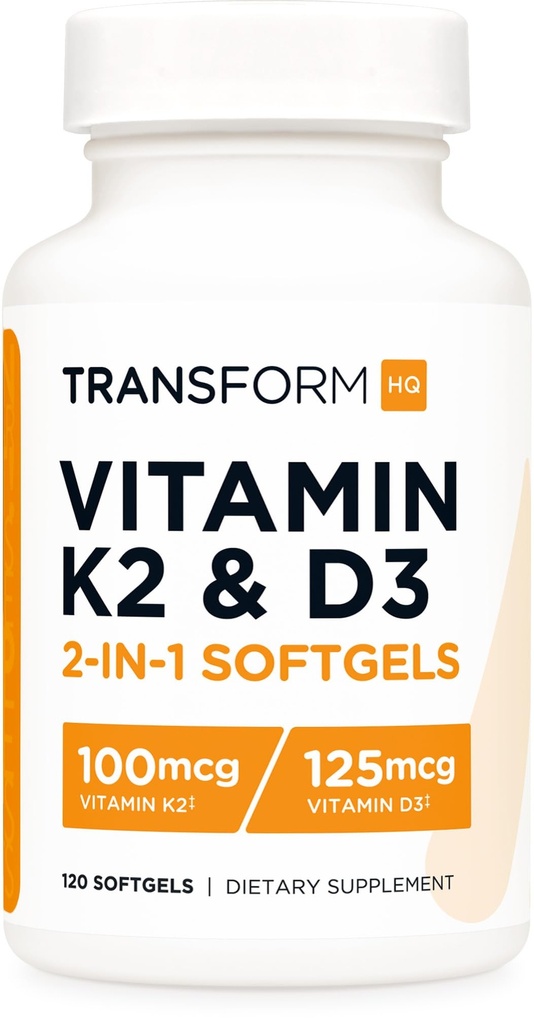 TransformHQ Vitamin K2 (MK7) (100mcg) + Vitamin D3 (5000 IU) 120 Softgele - Glutenfrei und nicht-GMO