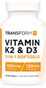 TransformHQ Vitamin K2 (MK7) (100mcg) + Vitamin D3 (5000 IU) 120 Softgele - Glutenfrei und nicht-GMO