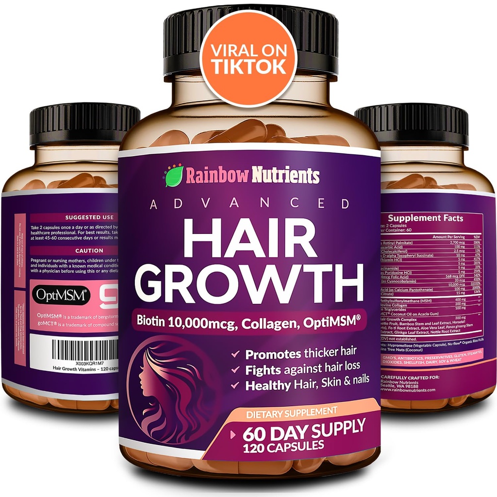 Haarwachstum Vitamine für Frauen | Biotin 10.000mcg, Collagen, patentiertes OptiMSM®, goMCT®, Saw Palmetto | Natürlich Regrow Stronger & Gesundes Haar, Haut und Nägel | Stoppt Haarausfall | 60 Tage Versorgung