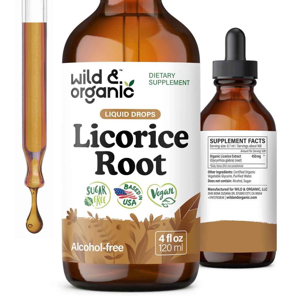 Teinture de racine de réglisse sauvage et biologique - Soutien digestif, pulmonaire et cutané - Extrait de racine de réglisse gouttes liquides - Vegan, sucre et supplément sans alcool - 4 fl oz