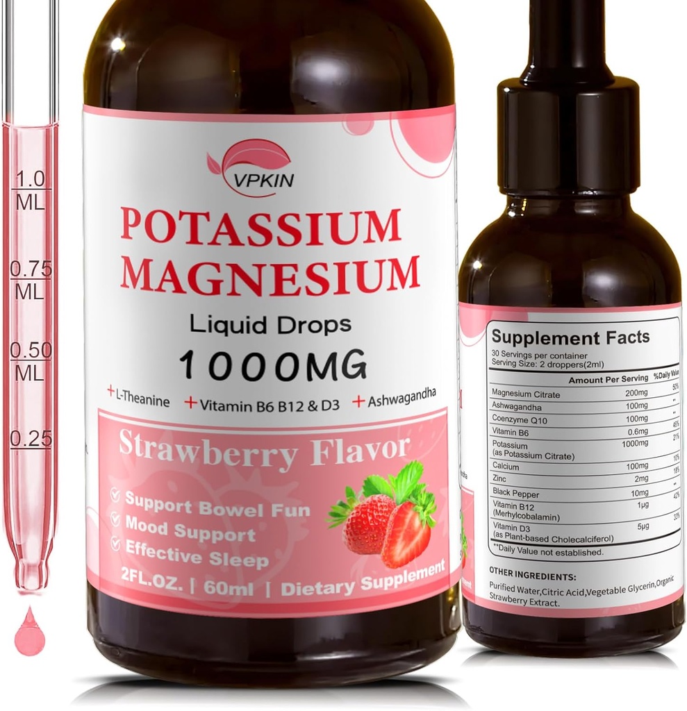 Supplément de citrate de magnésium de potassium, gouttes liquides de magnésium avec Glycinate de magnésium 1000mg avec Ashwagandha, Zinc, Support Clam & Support Système immunitaire (Strawberry,2 FL.OZ.)