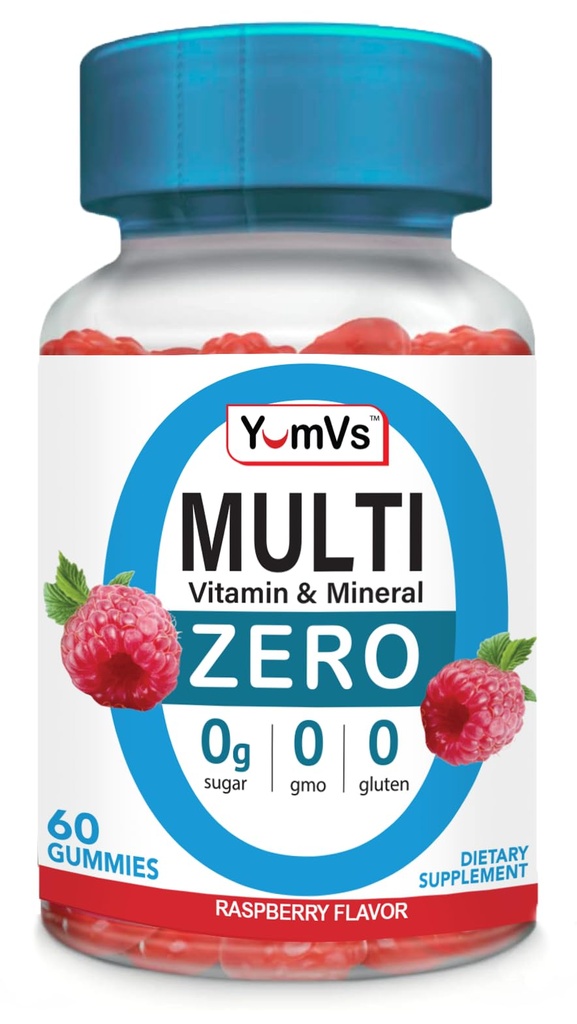 YUM-V'S Multivitamin Zero Gummis von YumVs | Zuckerfreie Vitamin-Ergänzung für Frauen und Männer | Chrom, Thiamin und Magnesium | Natürliche Himbeer-Flamour Chewables - 60 Count
