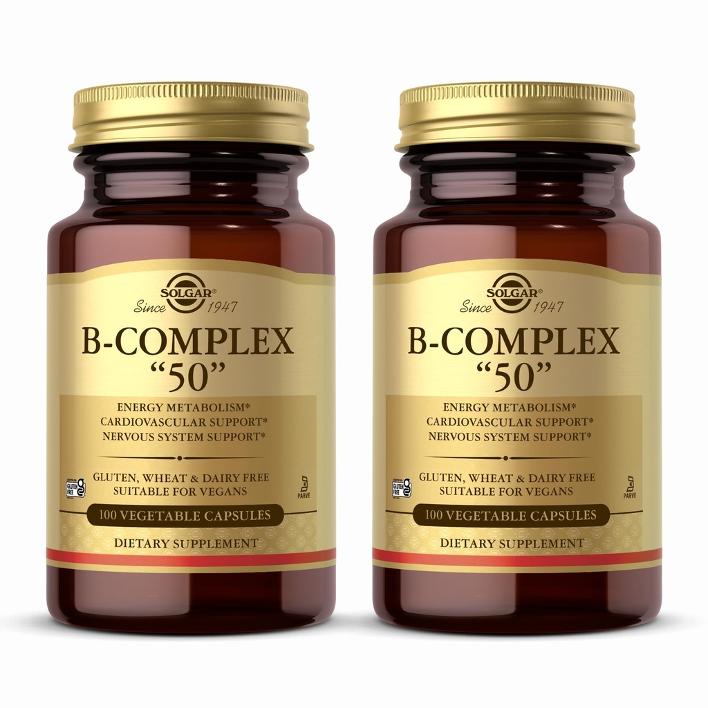 Solgar B-Complex - 100 capsules végétales, pack de 2 - Métabolisme énergétique et support du système nerveux - Non-OGM, végétalien, sans gluten - 200 portions totales