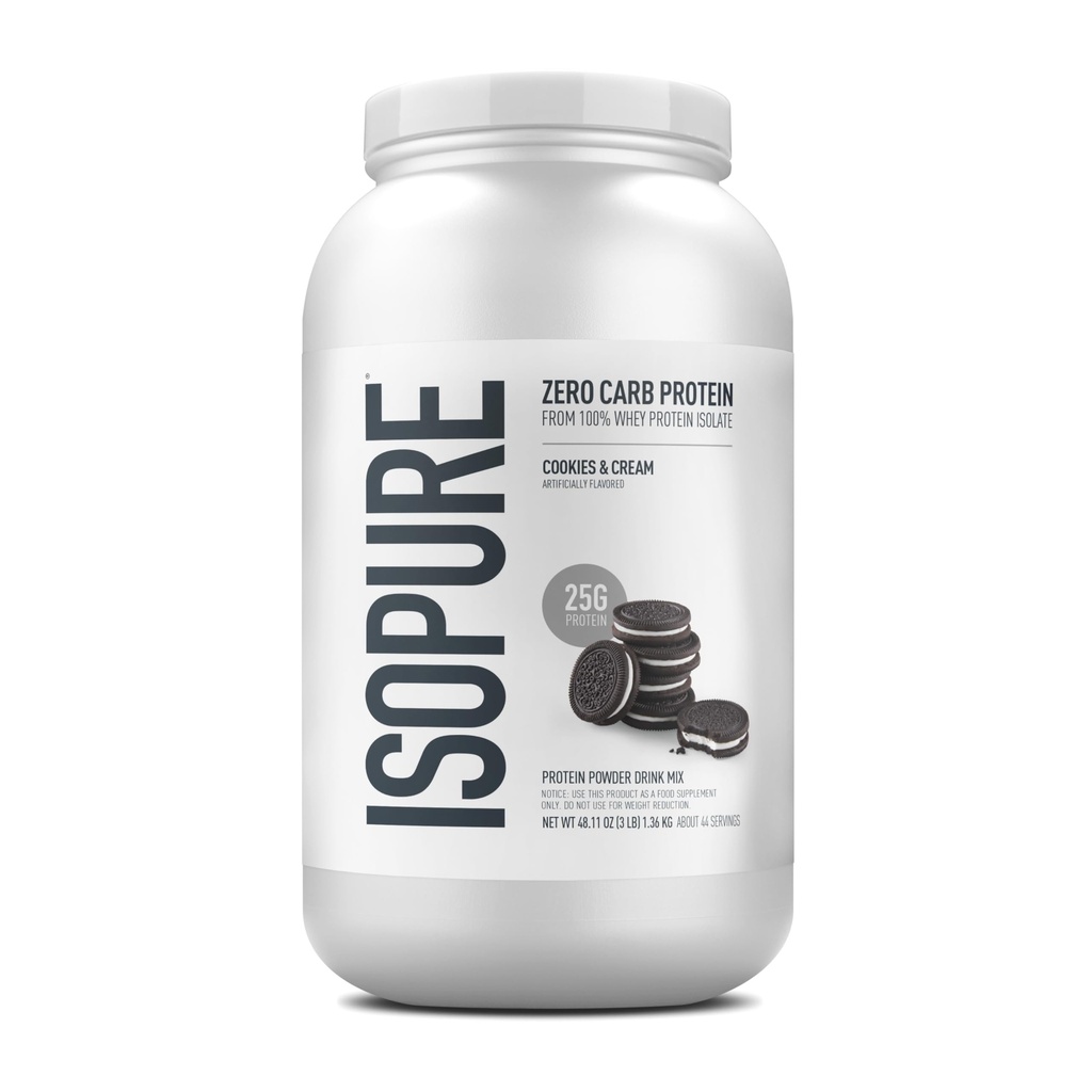 Isopure Zero Carb 100% Pure Whey Isolate Protein Powder, Gluten Free, With Vitamins, Cookies & Cream, 25g Protein Per Serving, 3 Pounds, 44 Servings (Packaging May Vary)