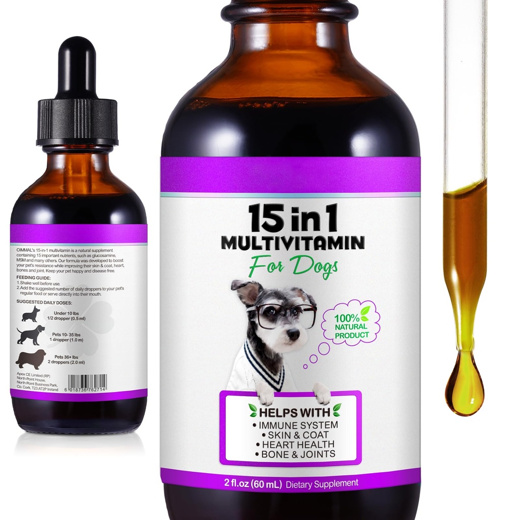 15 in 1 Hunde Multivitamin Tropfen für Hunde - Hunde Vitamine & Nahrungsergänzungsmittel Natürliche Hunde Multivitamine und Mineralien - Glucosamin, MSM für Haut und Mantel, Herzgesundheit, Knochen, Gelenk, Immunsystem Unterstützung
