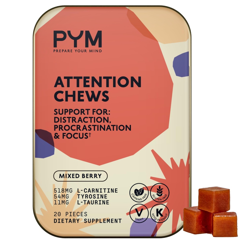 PYM Attention Chews Support for Procrastination, Focus & Productivity, 20 Count.