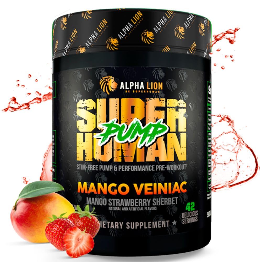 ALPHA LION Pompe Superhumaine Poudre de pré-entraînement, Nootropic Caféine & Stim Supplément gratuit de pré-entraînement, Booster d'oxyde nitrique, Muscle Gainer, Énergie & Focus (42 Serviettes, Mango Veiniac Flavor)