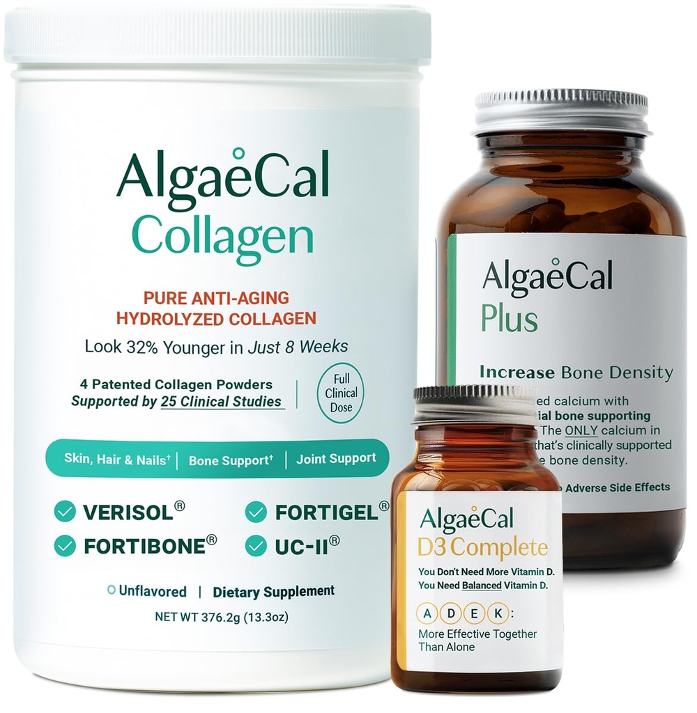 ALGAECAL Calcium, vitamine D3 et ensemble de collagène – Collagène hydrolysé avec Vérisol, Fortibone et Fortigel cliniquement soutenu, plus Calcium, vitamine ADEK, et minéraux traces pour la santé des os et anti-âge