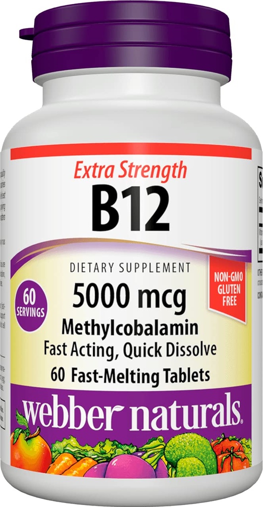 Webber Naturals Vitamin B12 5000 mcg, 60 Count, Fast Dissolve Tabletten, Vitamin Supplement Unterstützung für Energiestoffwechsel, Immun- und Herzgesundheit, Vegetarische Formel, 60-Tage-Versorgung
