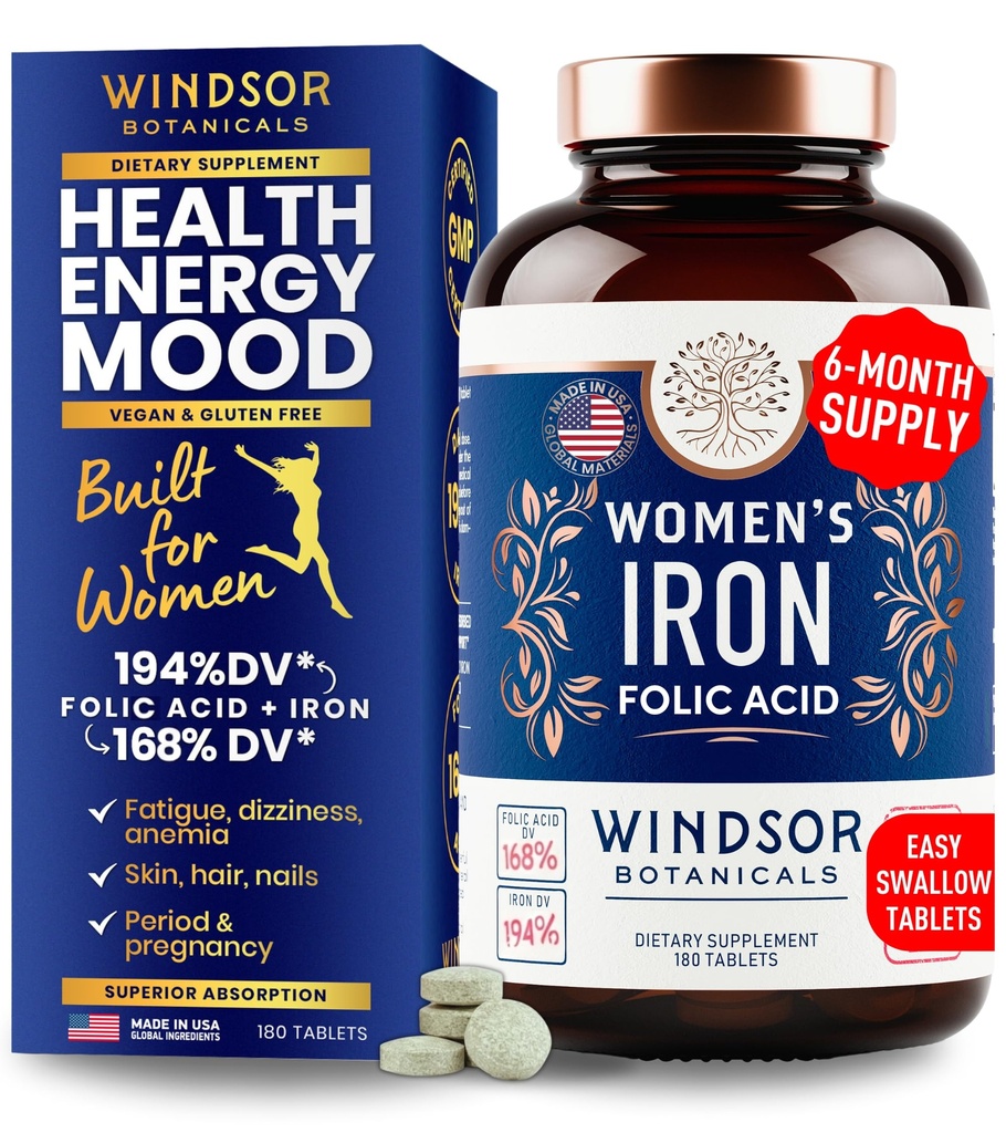 Eisen und Folsäure Ergänzungen für Frauen - 35mg Eisen Vitamin, Folsäure 400mcg - Anämie, Zeitraum, Schwangerschaftsunterstützungsergänzung, Eisensulfat Pillen - 180 Vegan Non-Constipating Tabletten