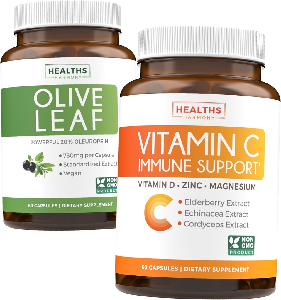 Sparen Sie $4 (12% off) - Kräuter Immun Bundle - Olive Leaf Extract (Non-GMO) Super Strength: 20% Oleuropein 750mg Kappen und Immununterstützung - Vitamin C mit Zink, Vitamin D, Elderberry & Echinacea (Non-GMO)