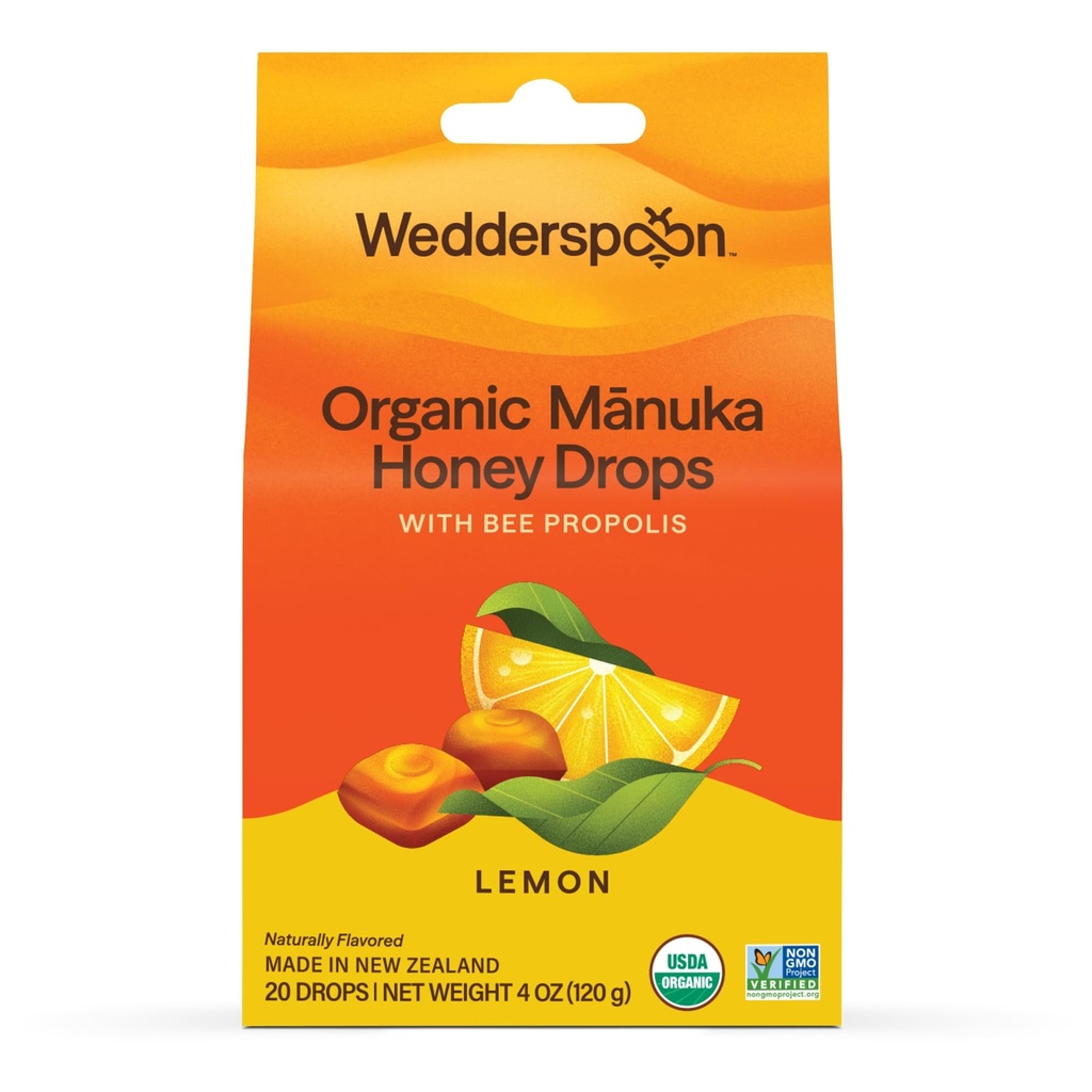 Wedderspoon Bio Manuka Miel Drops, Lemon & Bee Propolis, 20 Compte (paquet de 1)