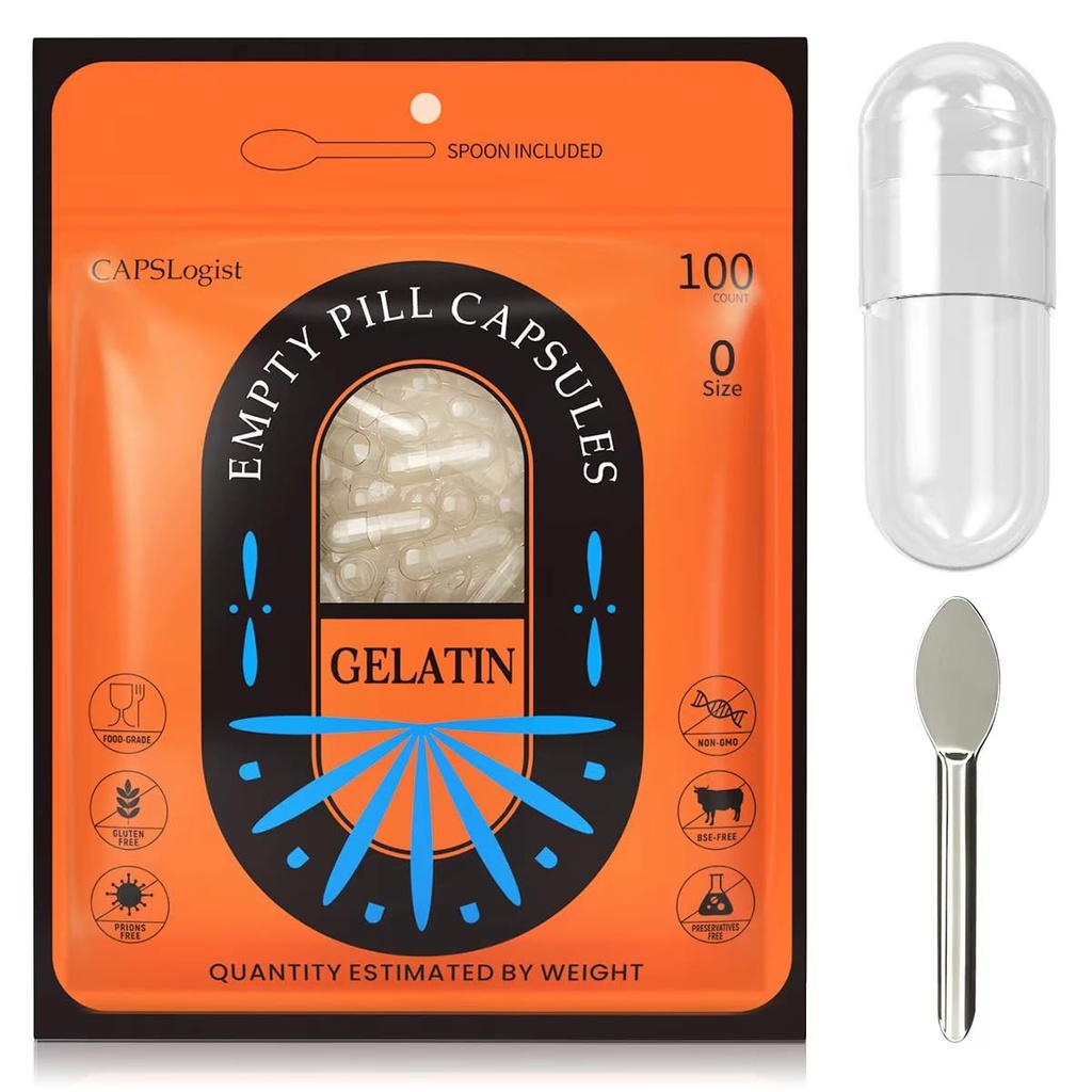 Capsules de pilules Taille vide 0, 100 Compte Capsule de gélatine avec Micro Lab Spoon, remplissage de pilules de bricolage, sans gluten et non-OGM certifié, clair