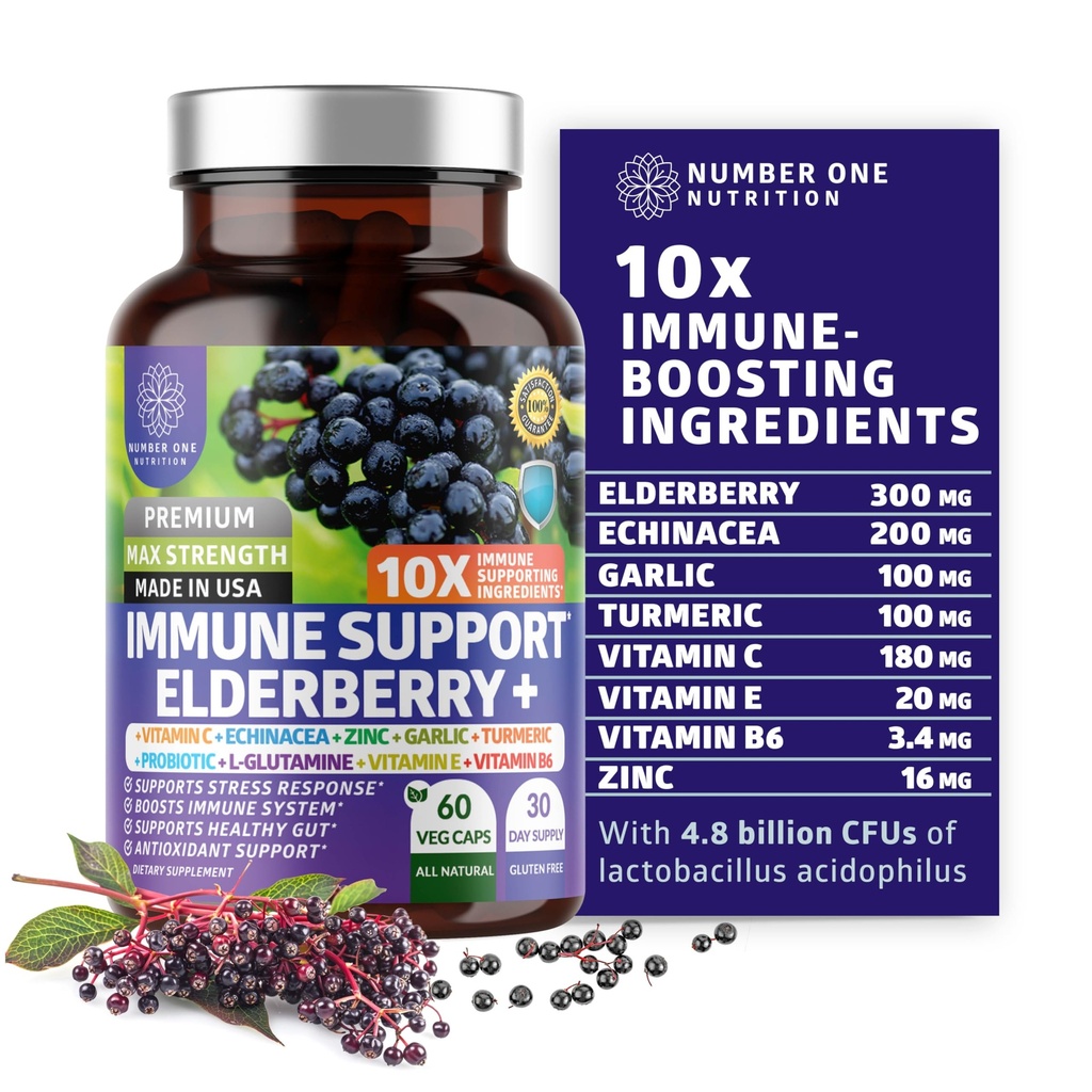 Supplément de soutien Immune Premium 10 en 1 [10 ingrédients potentiels] avec sureau, vitamine C, échinacée, zinc et probiotique pour le soutien Immune, la santé Gut et une meilleure digestion, 60 capsules de légumes