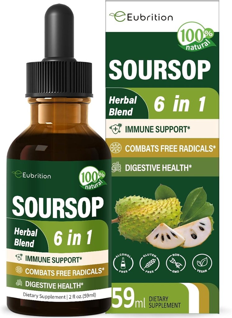 Soursop(Guanabana) Blätter & Obst Extrakt Tropfen für Immunsystem Unterstützung, Soursop Bitters Flüssigkeit für Verdauungsgesundheit, Graviola Supplement Plus Reishi & Vitamin B6, reich an Nährstoffen. 2 Unzen