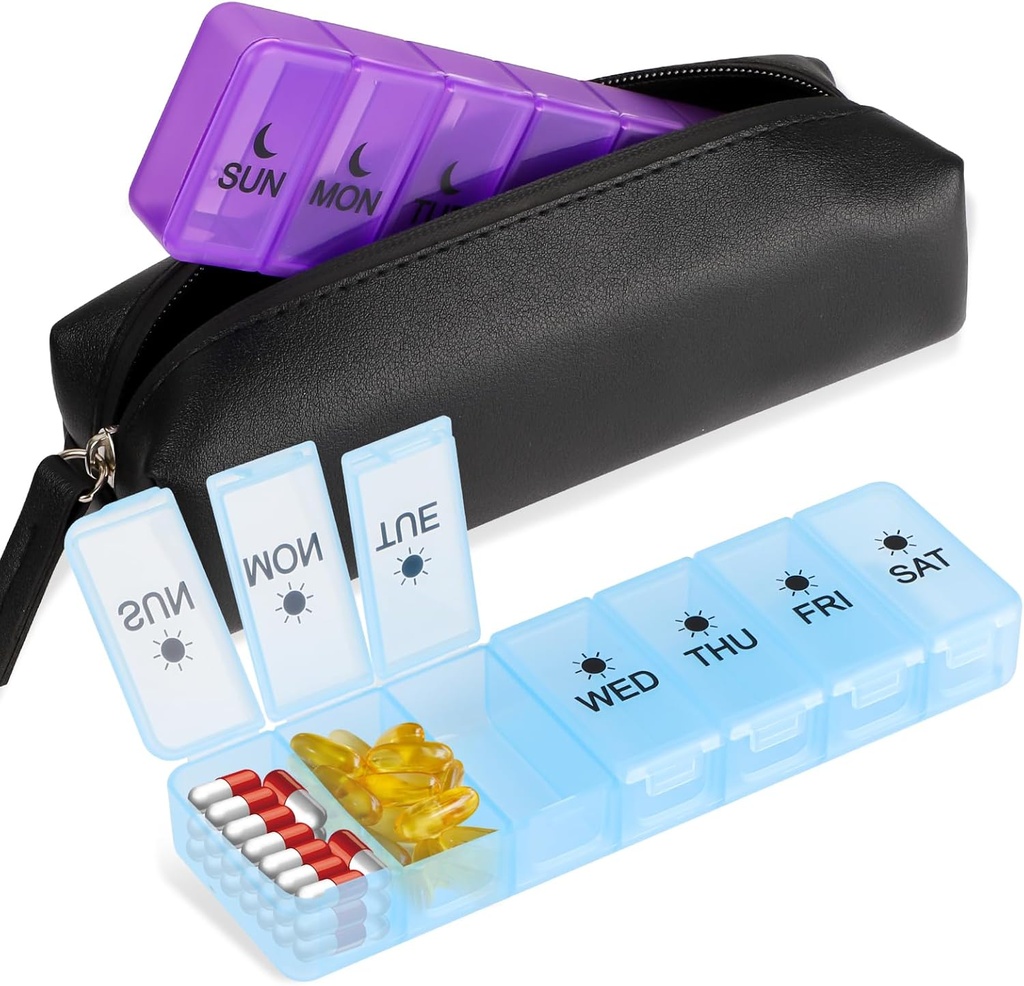 Detachable 7 Tage Pille Box, 14 Komponenten Medizin PP Aufbewahrungsbox, BPA-freie Reise Medizin Box mit wasserdichter Tasche, zweimal pro Tag Pille Fall Box für Vitamin-Ergänzungen, und Fischöl