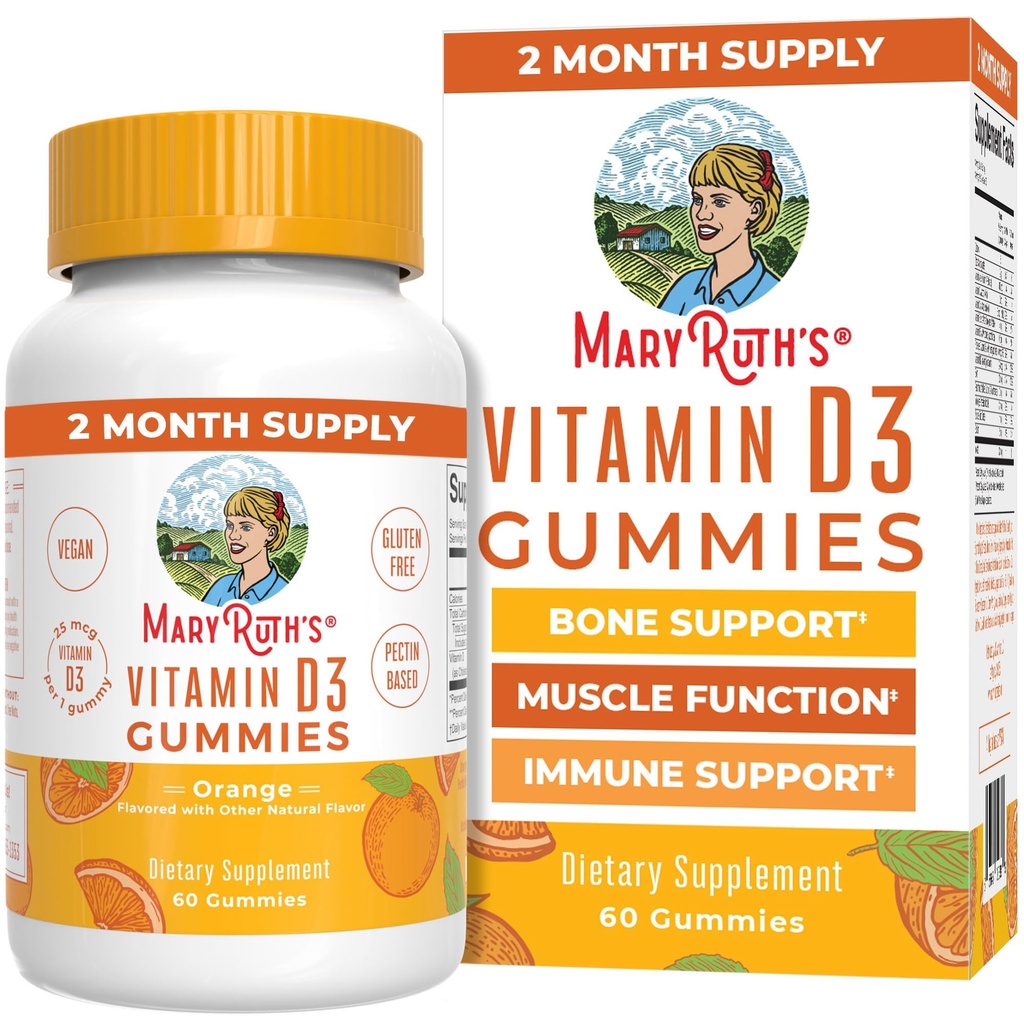 MaryRuth Organics Vitamin D3 Gummie | 2 Monate Versorgung | Erwachsene & Kinder Vitamin D Gummy | Immununterstützungsergänzung | VIT D3 1000IU für Knochen Gesundheit und Muskelfunktion | Vegan | Non-GMO | Gluten Free | 60