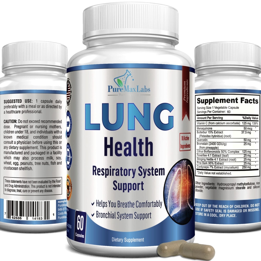 Lung Support Supplement, Lung Cleanse & Lung Detox Formel, Lung Health Support für klare Lunge, Komfortable Atmung, Bronchial Health, 60 Kapseln