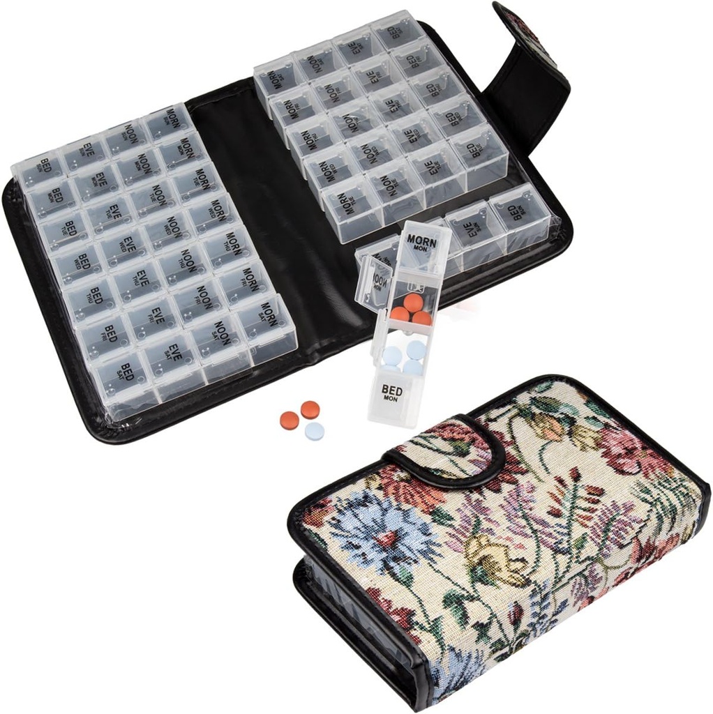 Floral Pille Case Box, 14 Tage Pille Halter Pille Container & Medication Organizer, Reisetasche - 4 markierte Komponenten für jeden Tag der Woche - Morn, Noon, Eve, Bett