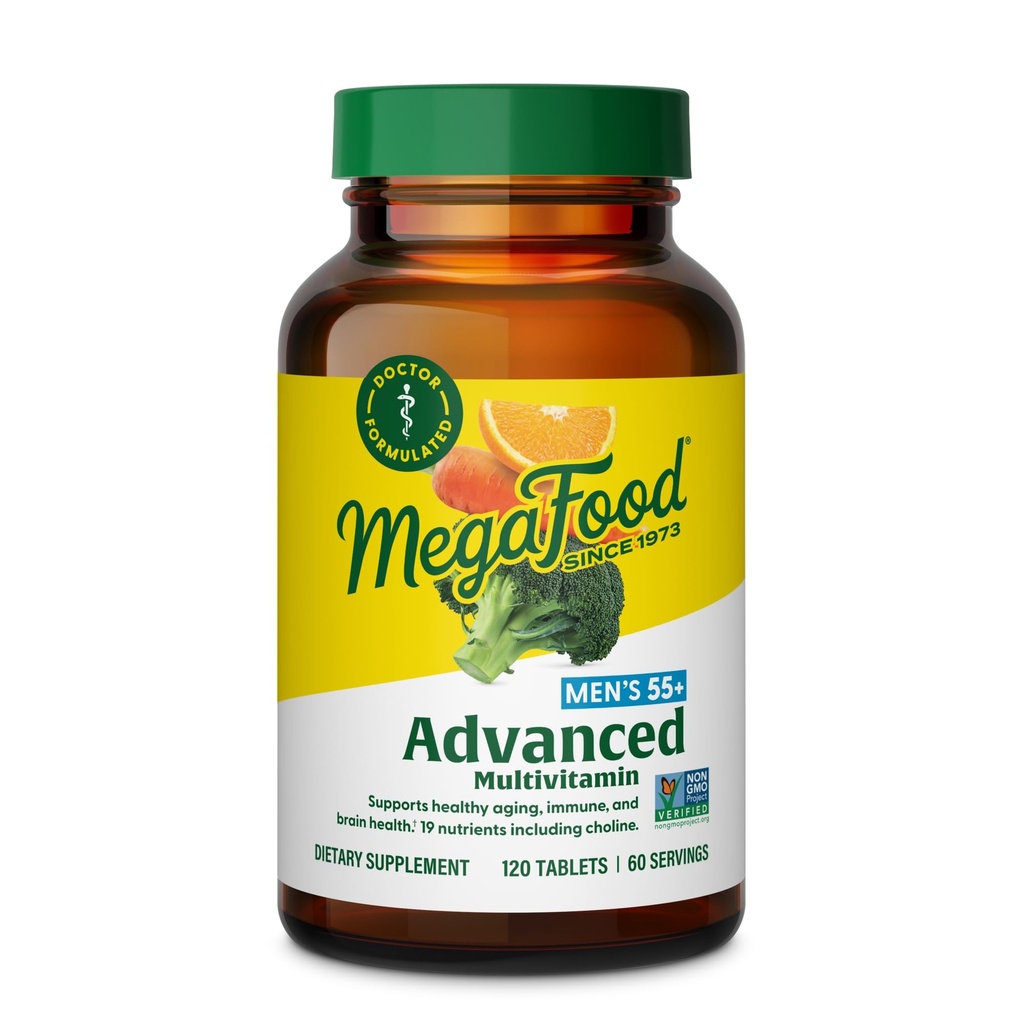 MegaFood Advanced Multivitamin for Men 55+, Mens Multivitamins 50 Plus, Methylated B12, Methyl folate, Choline, Vitamin D, Brain & Muscle Health, Immune Support, Vegetarian - 120 Tablets (60 Servings)