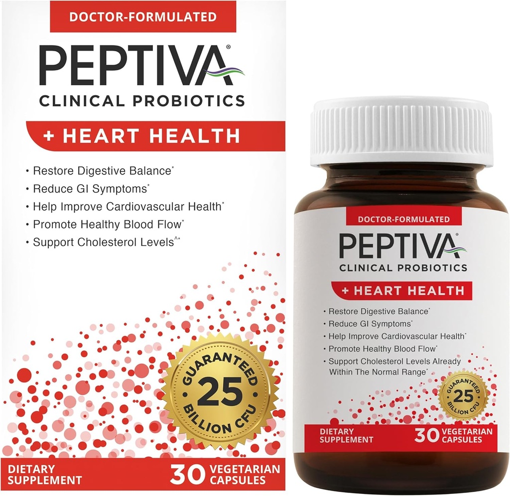 Peptiva Probiotics Heart Health - Heart Health Support Supplement, 25 Billion CFU, Multi-Strain Probiotic, Lactobacillus Acidophilus, Bifidobacterium, Digestive Support - 30 vegetarische Kapseln