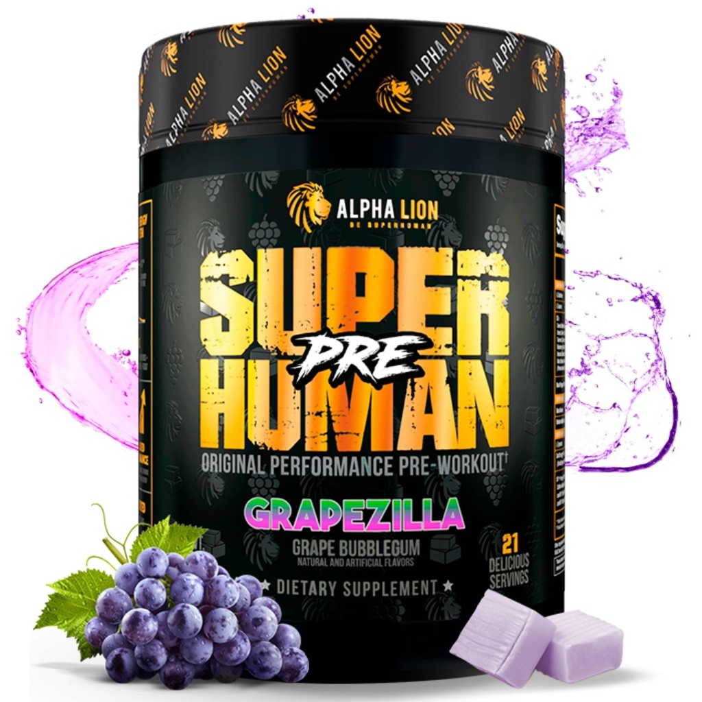 ALPHA LION Superhuman Pre Workout Powder, Beta Alanine, L-Taurine & Tri-Source Koffein für nachhaltige Energie & Fokus, Nitric Oxide & Citrulline für Pumpe (21 Servierungen, Grapezilla)