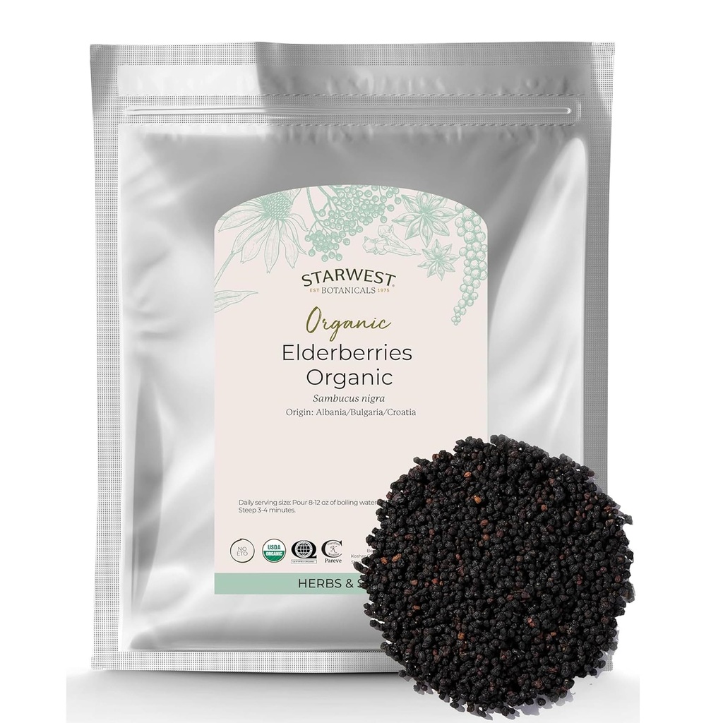 Starwest Botanicals Organic Elderberries - Getrocknete Elderbeeren für Syrup, Tee, Gummi, & Jam, Natürliche Immununterstützung, Zertifizierte Kosher, Non-GMO - Bulk 1 lb Tasche