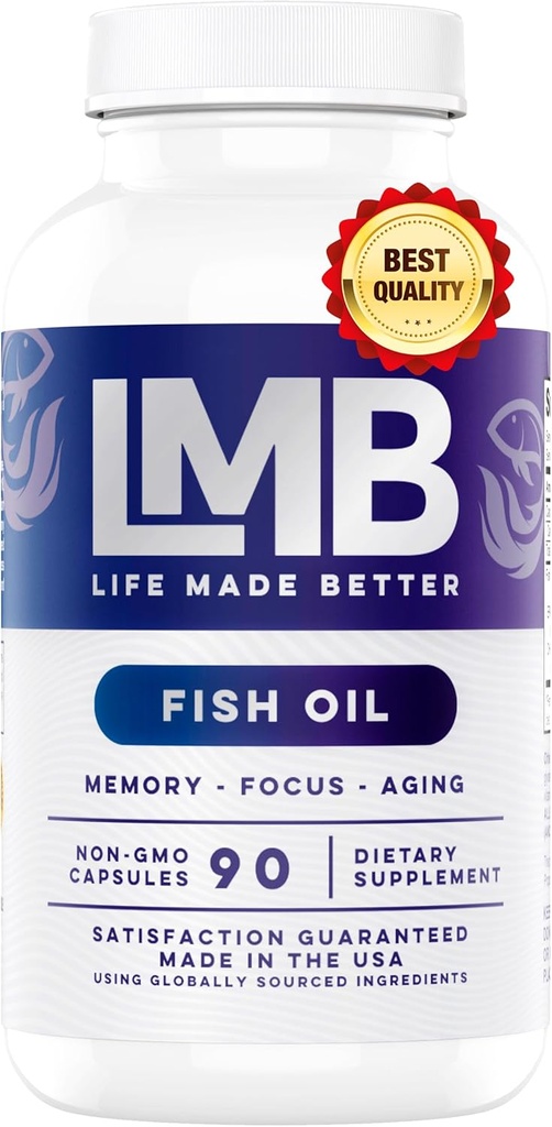 Huile de poisson Omega 3 prise sauvage 3000mg - triple résistance sans Burpless DHA 900mg + EPA 1200mg Non-OGM - enduit entérique sans arrière-goût - LMB (90 gels mous)
