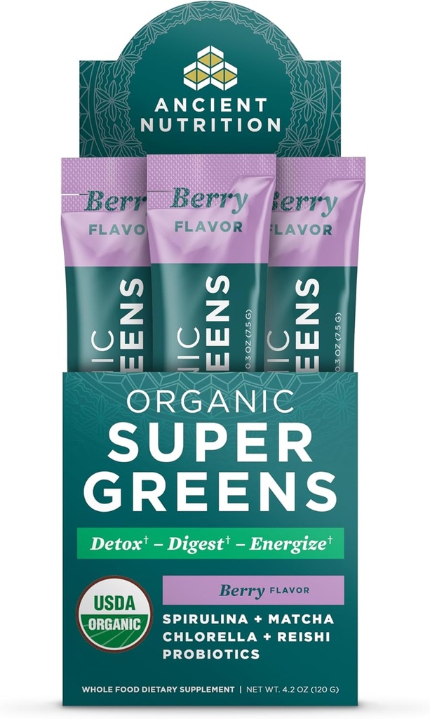 Alimentation ancienne SuperGreens Poudre avec Probiotiques, Bio Berry Flavor Greens, Fabriqué à partir de vrais fruits, légumes et herbes, Soutien digestif et énergétique, 16 Stick Packs, 4.2oz