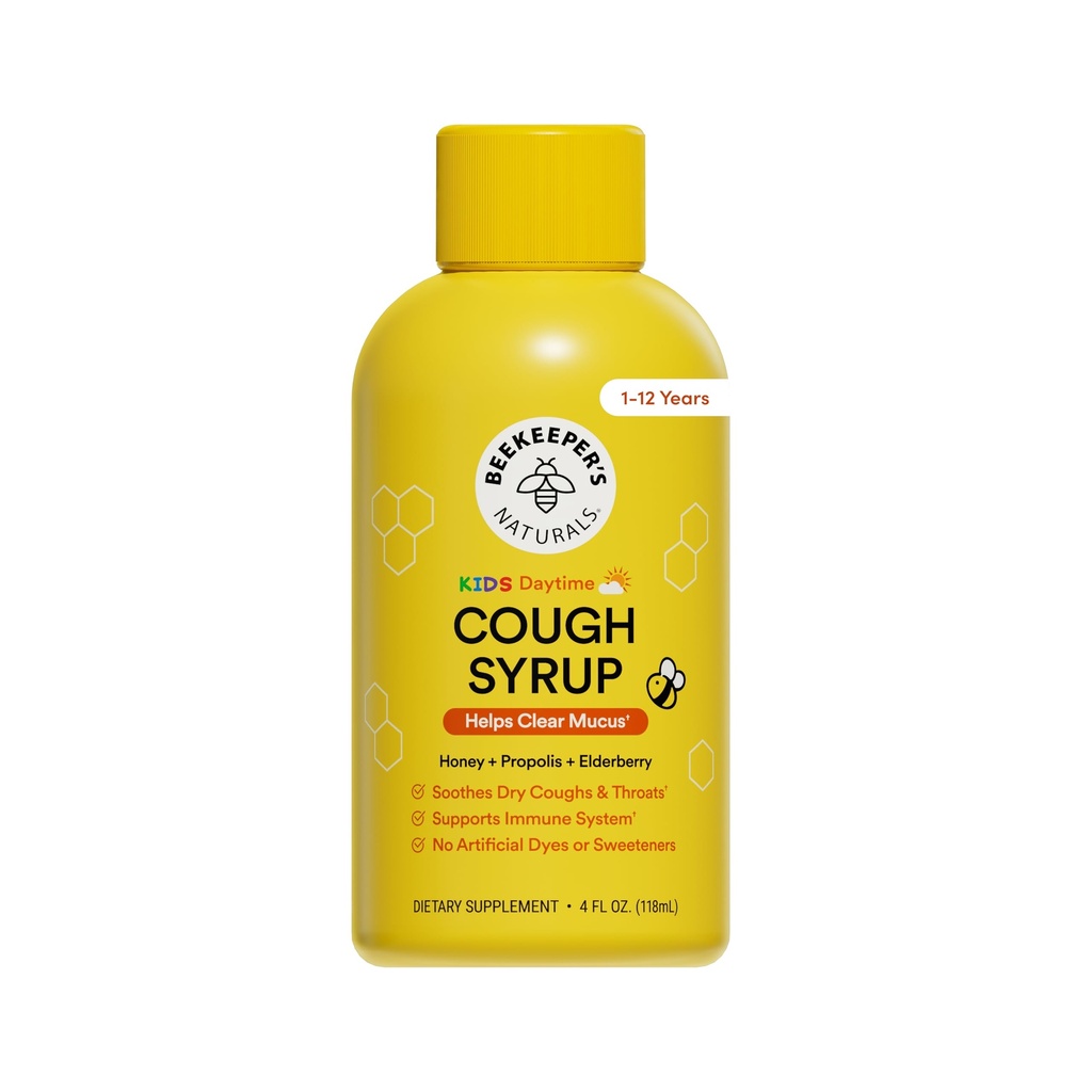 Naturals de l'apiculteur Propolis Honey Cough Sirop Daytime for Kids Immune Support avec Elderberry, Vitamine C, Vitamine D et Miel Raw - Gorge apaisante - Ingrédients sans gluten et propres, 4 oz.
