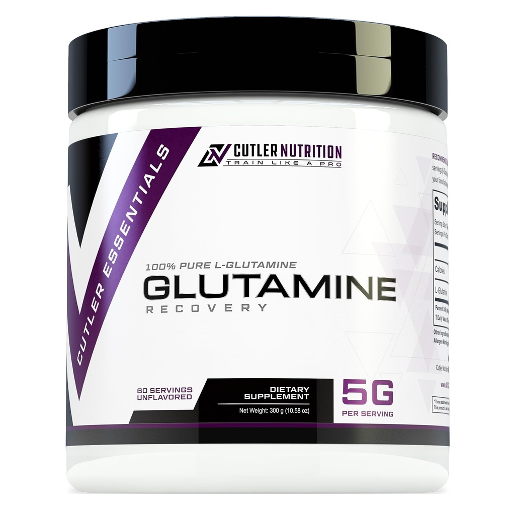 Cutler Essentials 100% L-glutamine pure pour une récupération améliorée, un soutien musculaire maigre et une synthèse améliorée des protéines.