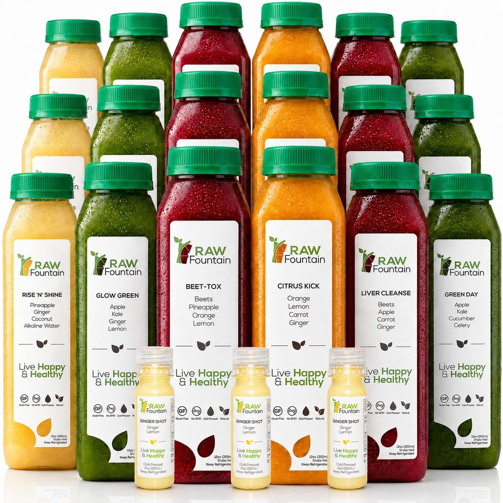 3 Day Juice Cleanse by Raw Fountain, All Natural Raw Detox Cleanse, Juicing for Body Rest, Kaltgepressten Saft Fast, Great Way to Jumpstart a Healthy Diet, 18 Flaschen 12oz, 3 Ingwer Shots