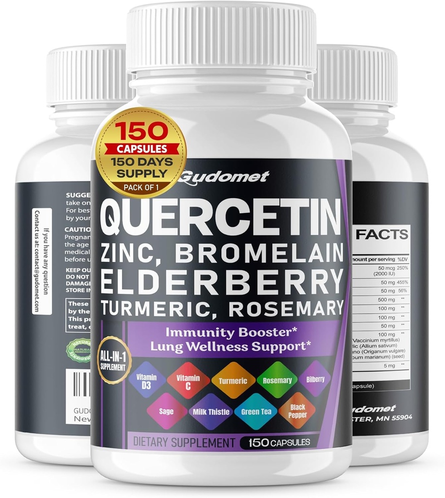 Quercetin Bromelain Zink Vitamin D3 Elderberry Turmeric Rosemary Bilberry Sage Odorless Garlic Green Tea Milk Thistle Oregano -150 Kapseln- Made in USA