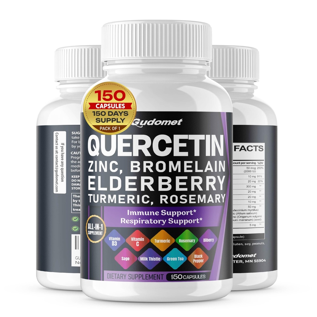 Quercetin Bromelain Zink Vitamin D3 Elderberry Turmeric Rosemary Bilberry Sage Odorless Garlic Green Tea Milk Thistle Oregano -150 Kapseln- Made in USA